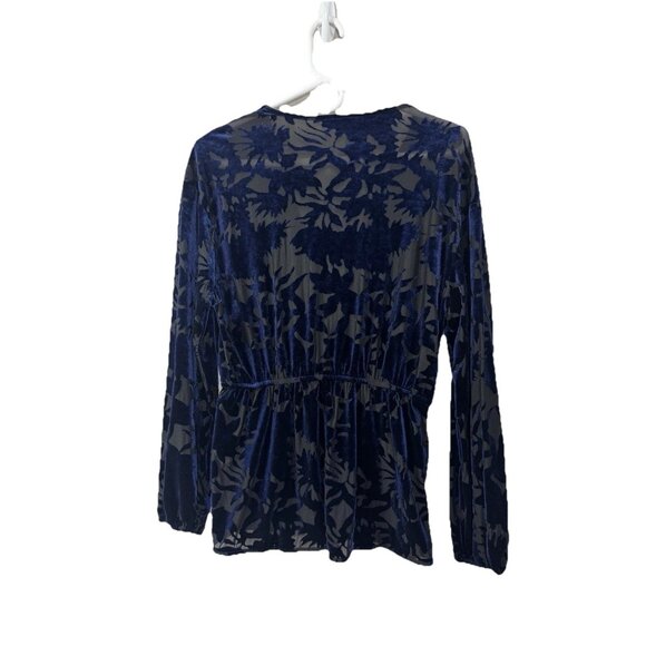 Chevignon Women M Navy Burnout Velvet Wrap Blouse Sheer Babydoll Boho Whimsigoth - Picture 2 of 9